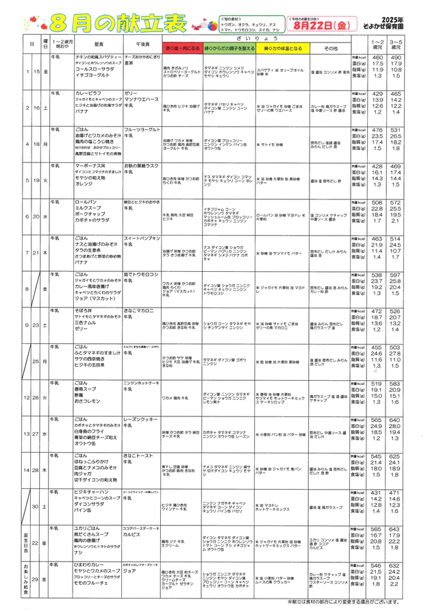 献立表2025年度8月